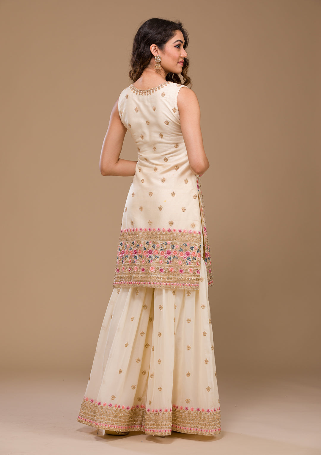 Cream Zariwork Net Readymade Salwar Kameez-Koskii