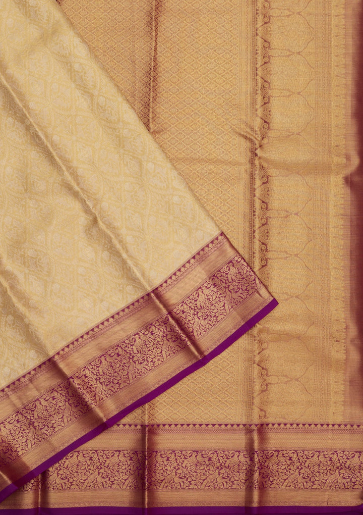 Cream Zariwork Pure Silk Saree-Koskii