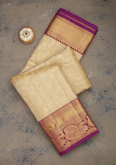 Cream Zariwork Pure Silk Saree-Koskii