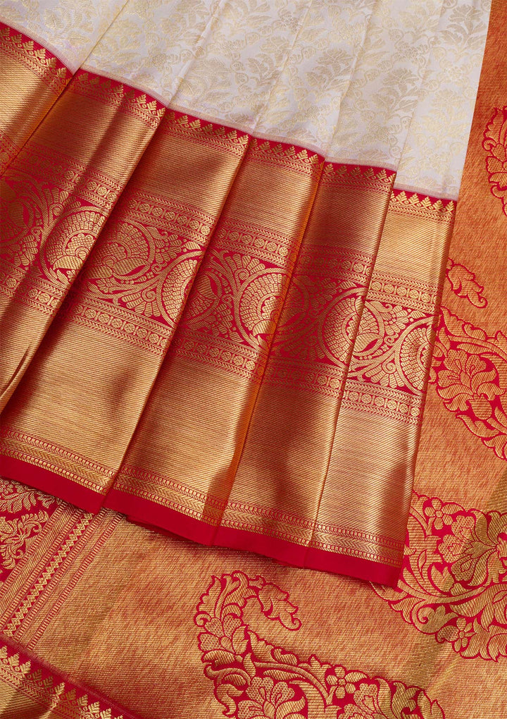 Cream Gold Zariwork Pure Silk Saree - Koskii