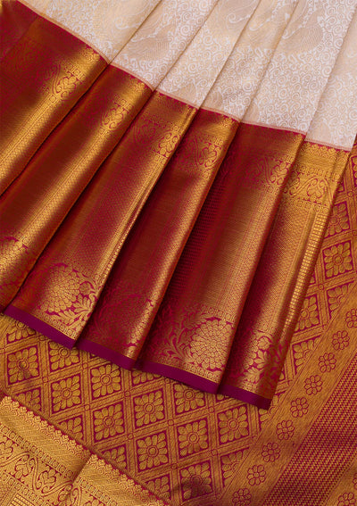 Cream Gold Zariwork Pure Silk Saree - Koskii