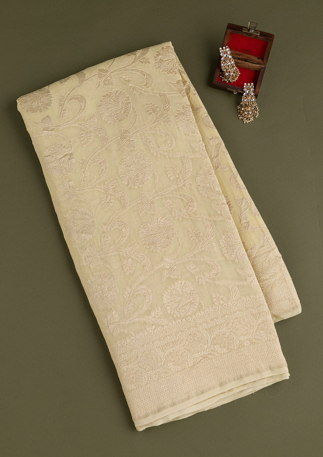 Cream Zariwork Pure Silk Saree-Koskii
