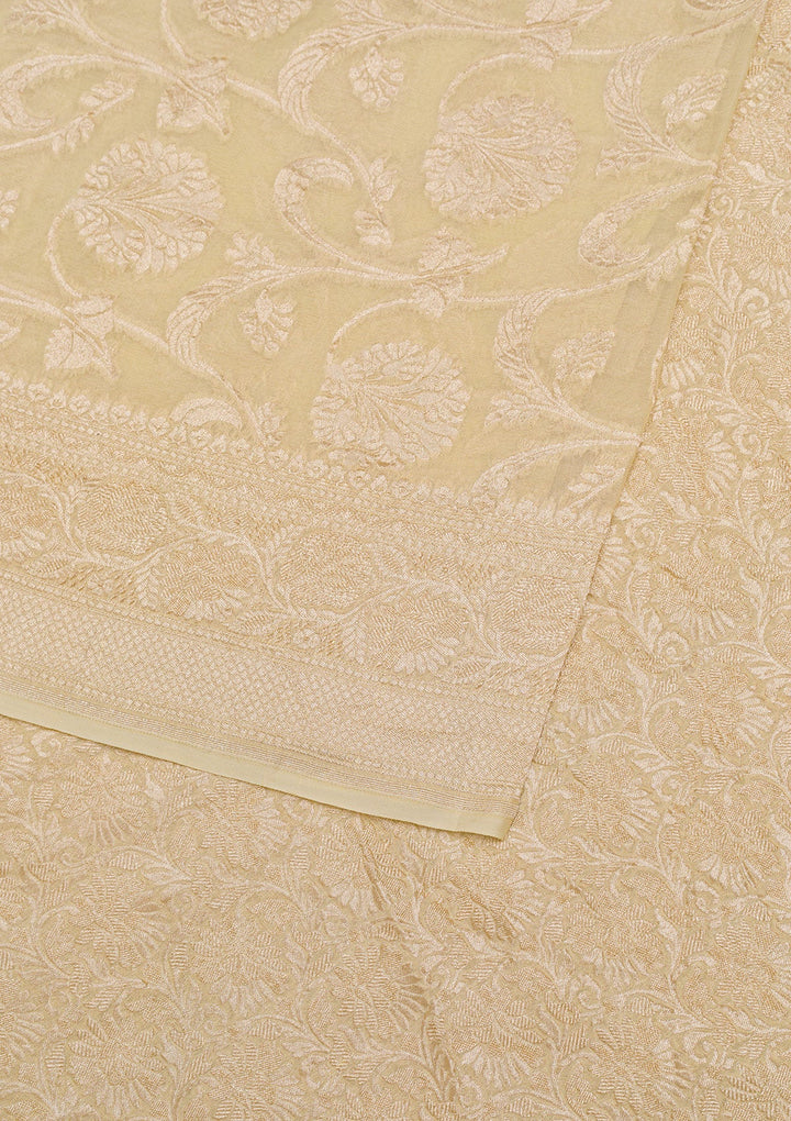 Cream Zariwork Pure Silk Saree-Koskii