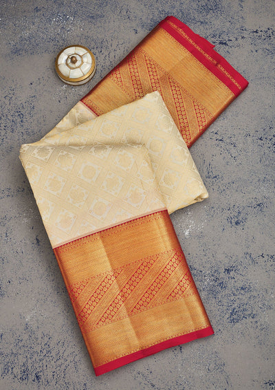 Cream Zariwork Pure Silk Saree-Koskii