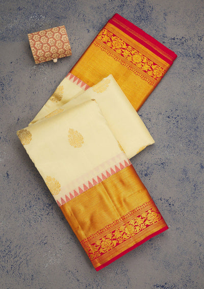 Cream Zariwork Pure Silk Saree-Koskii