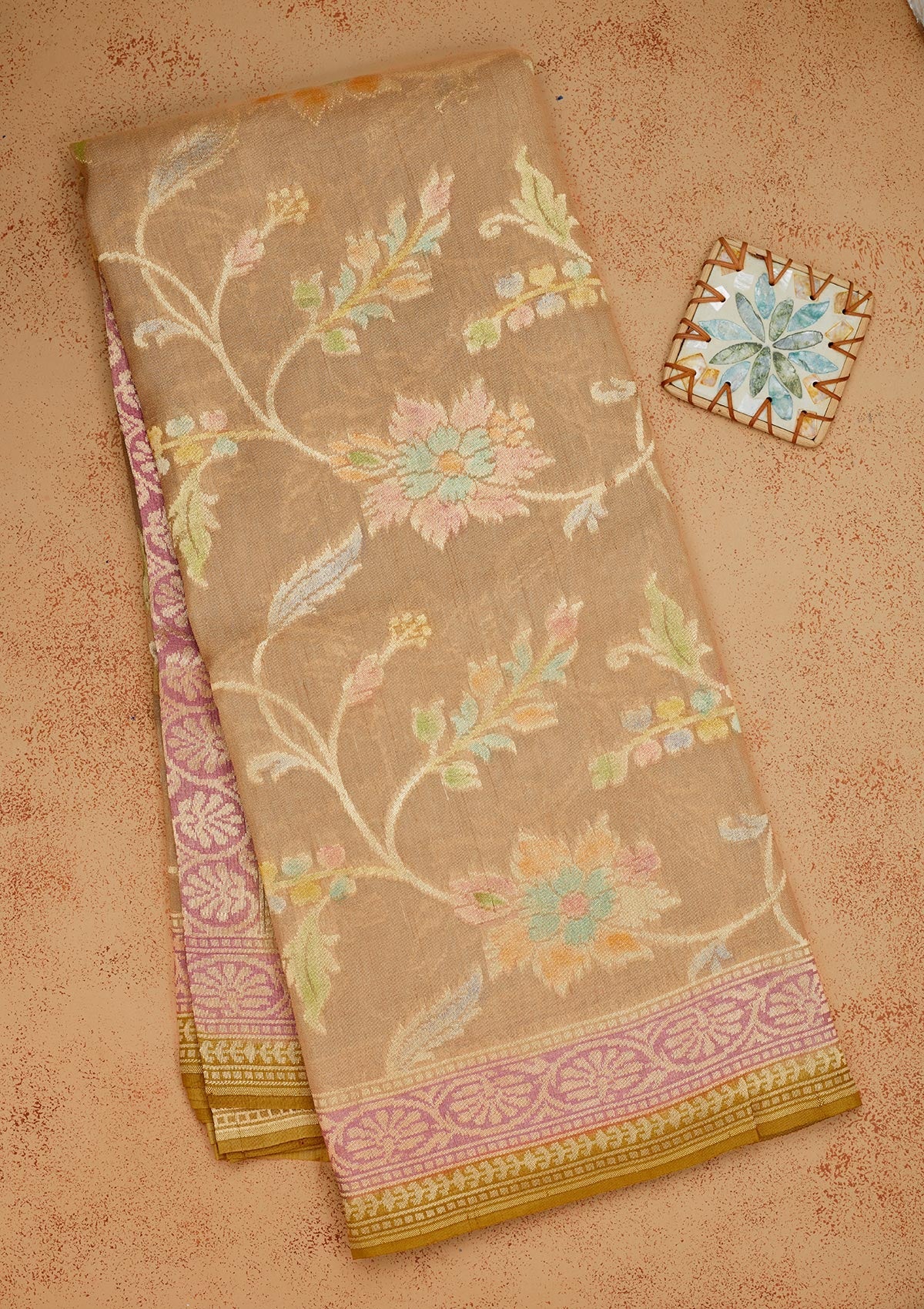 Cream Zariwork Pure Silk Saree-Koskii