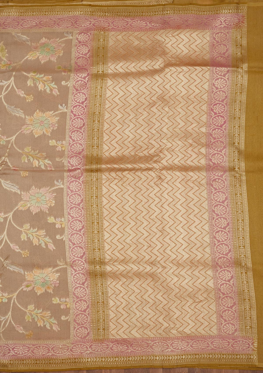 Cream Zariwork Pure Silk Saree-Koskii
