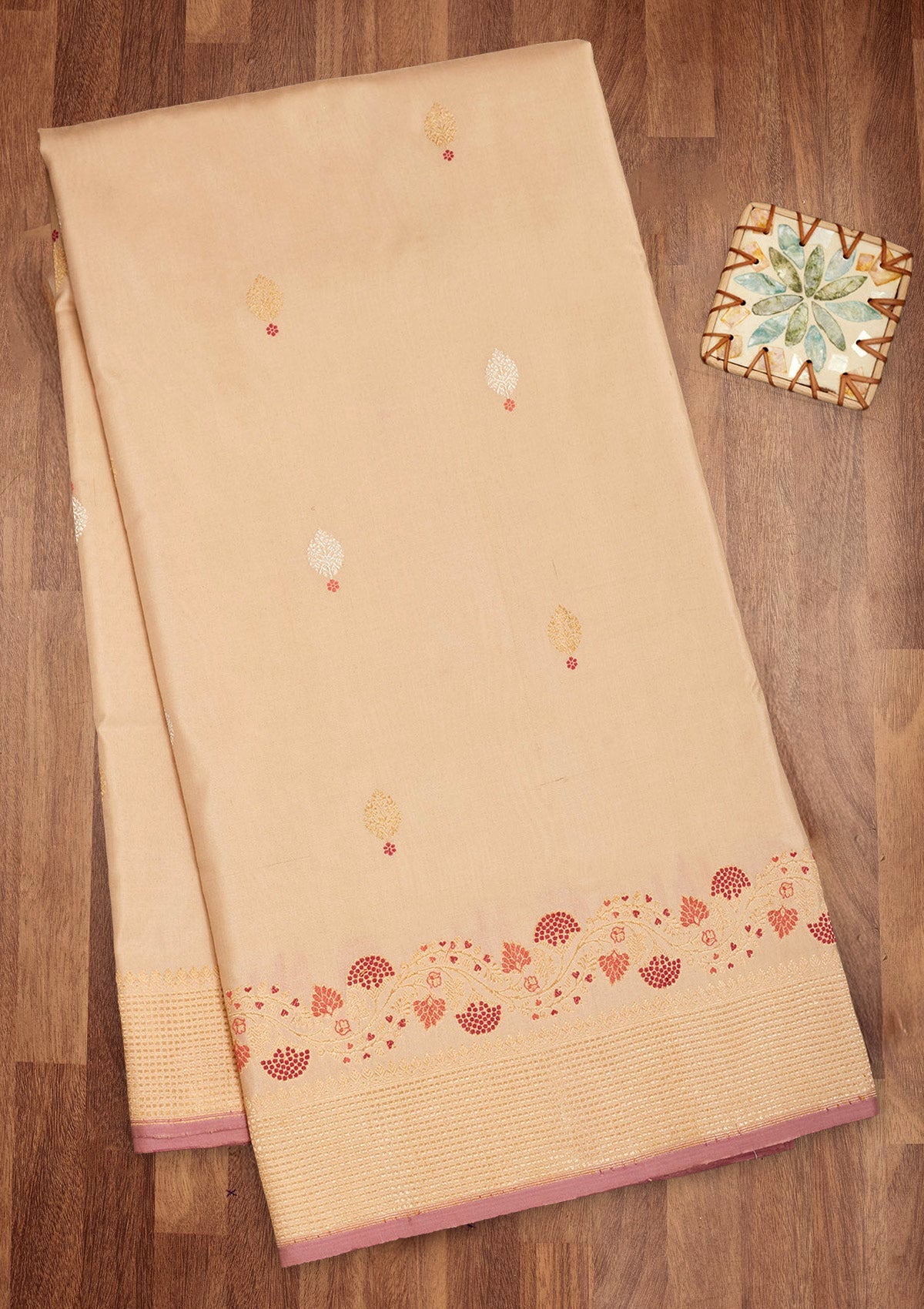Cream Zariwork Pure Silk Saree-Koskii