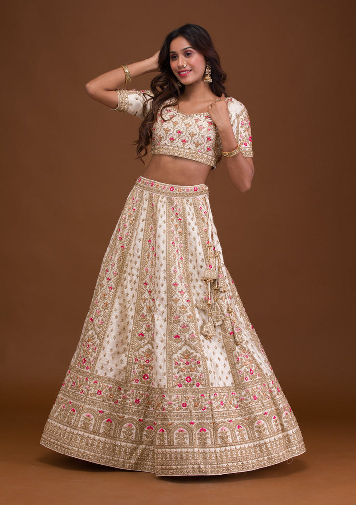 Cream Zariwork Raw Silk Readymade Lehenga-Koskii