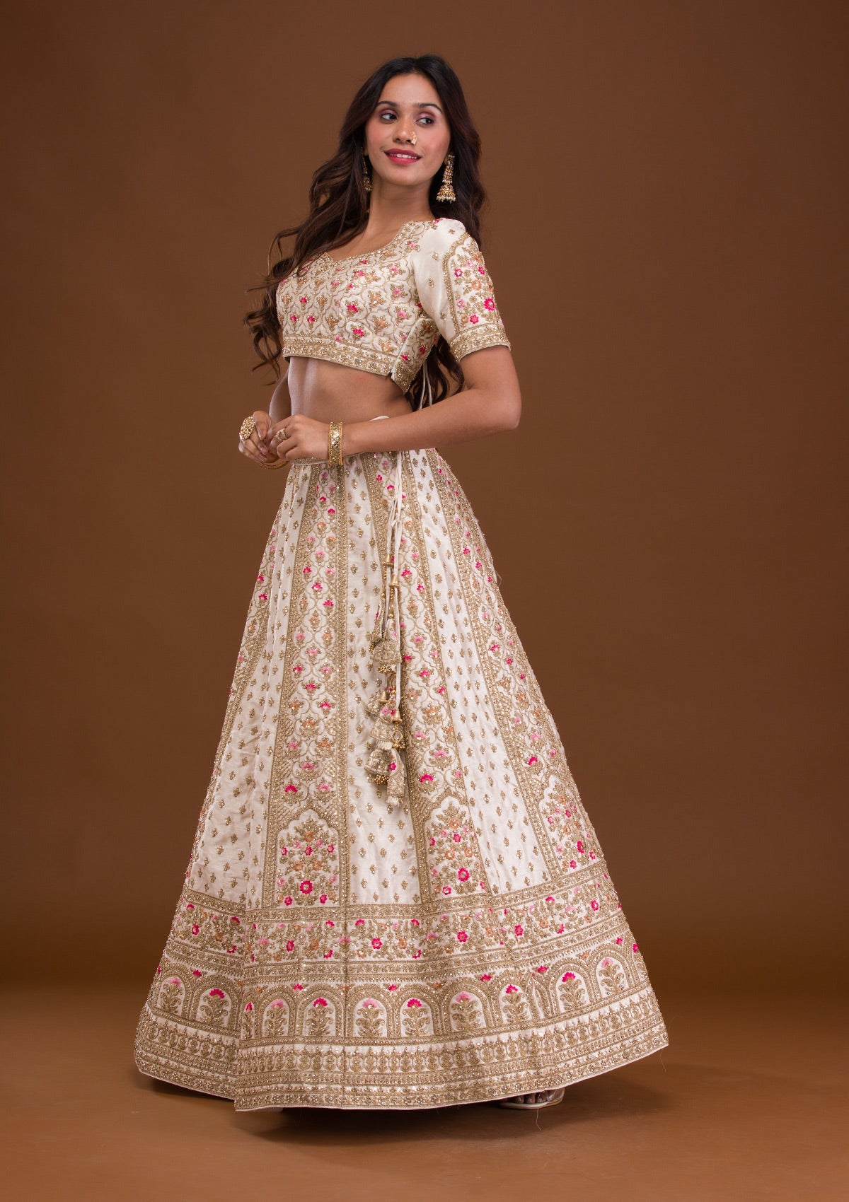 Cream Zariwork Raw Silk Readymade Lehenga-Koskii