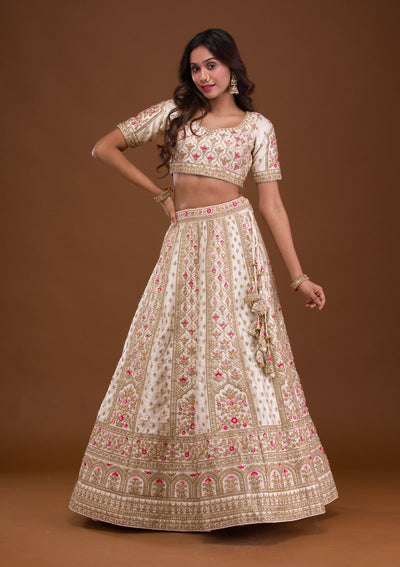 Cream Zariwork Raw Silk Readymade Lehenga-Koskii