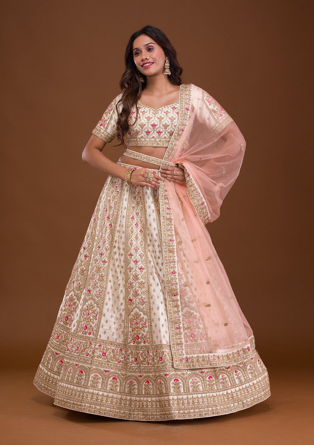 Cream Zariwork Raw Silk Readymade Lehenga-Koskii