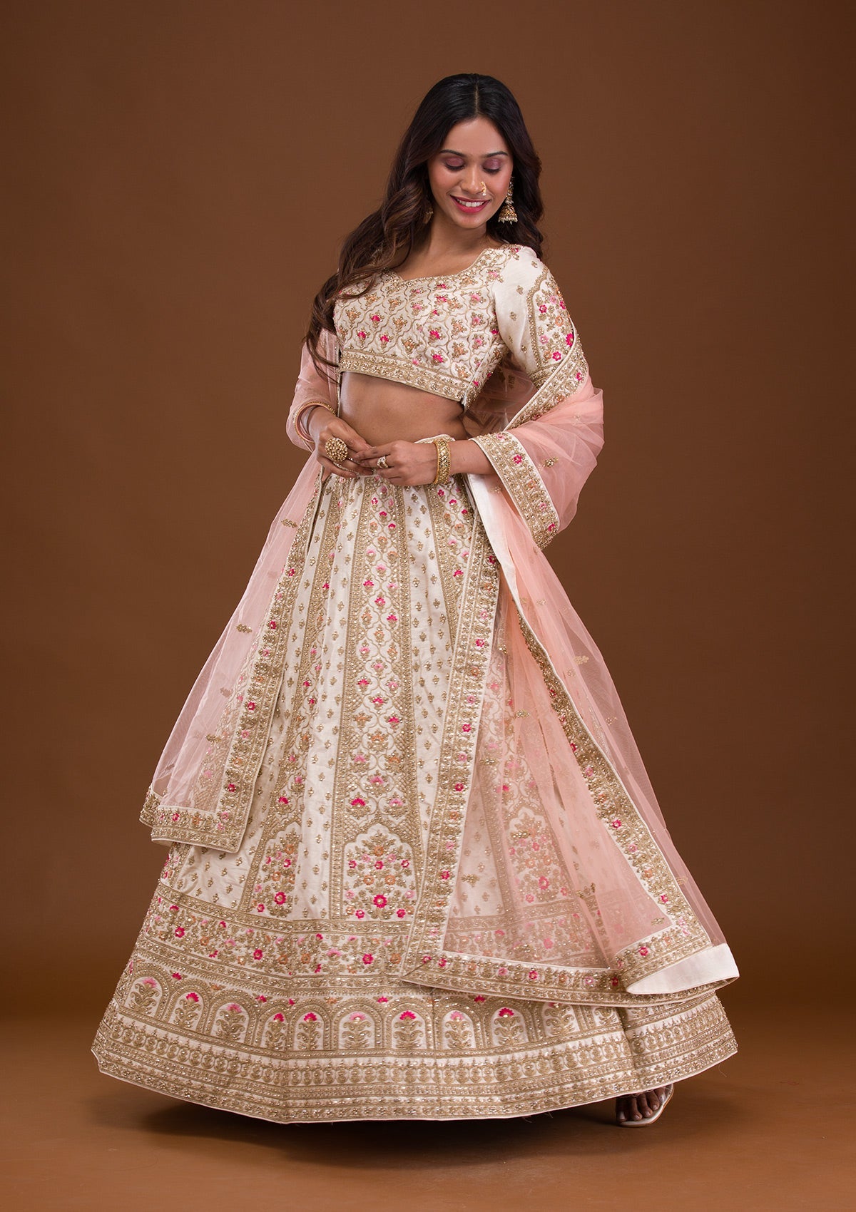 Cream Zariwork Raw Silk Readymade Lehenga-Koskii