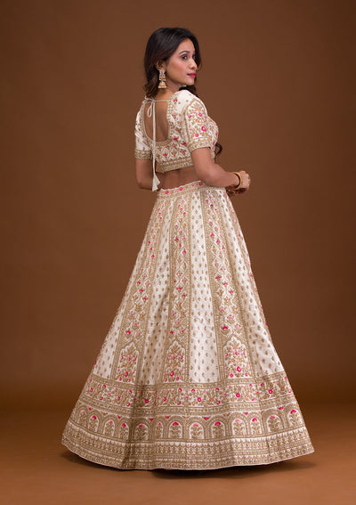 Cream Zariwork Raw Silk Readymade Lehenga-Koskii