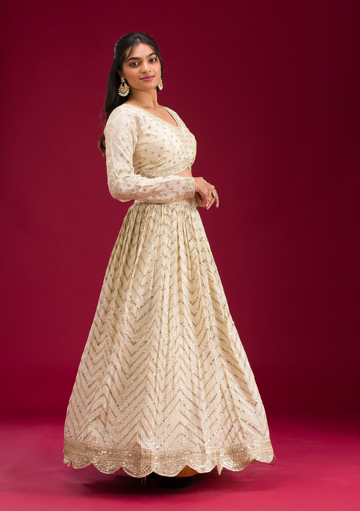 Cream Zariwork Semi Crepe Readymade Lehenga