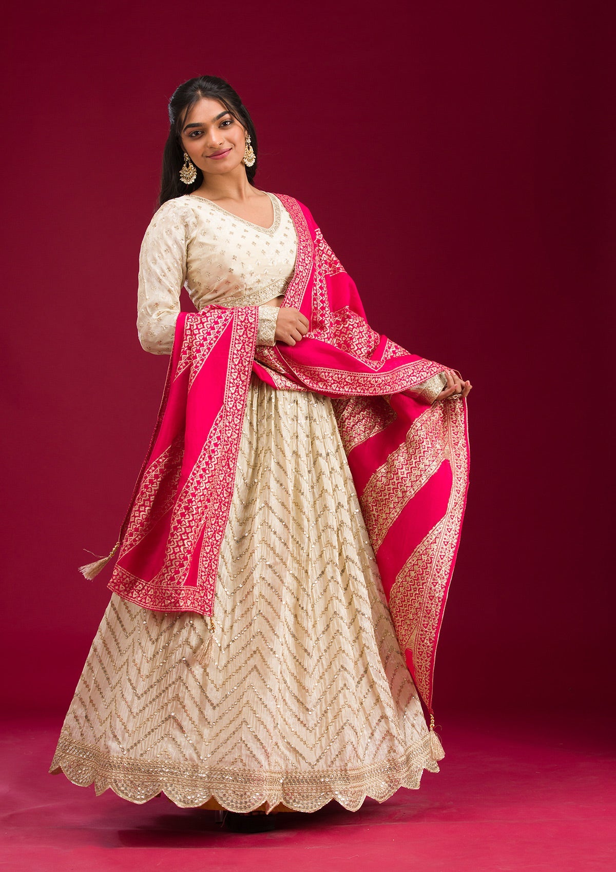 Cream Zariwork Semi Crepe Readymade Lehenga-Koskii