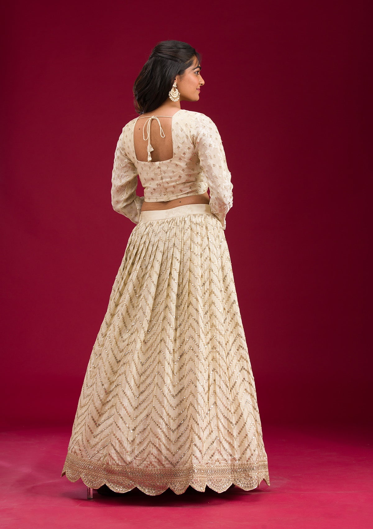 Cream Zariwork Semi Crepe Readymade Lehenga