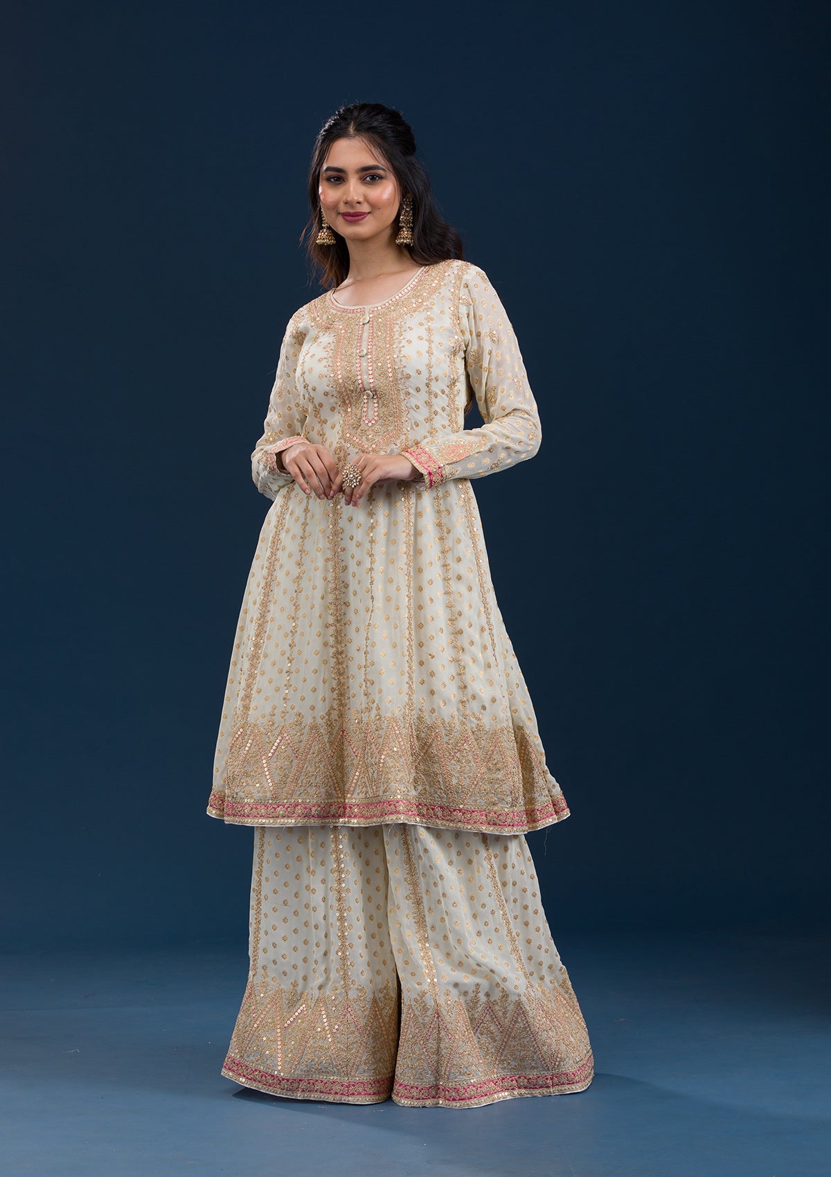 Cream Zariwork Semi Crepe Readymade Salwar Suit