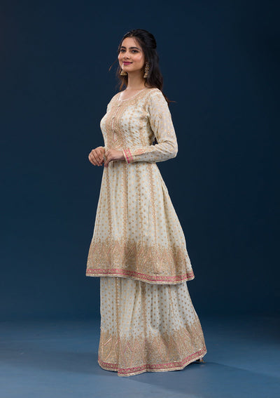 Cream Zariwork Semi Crepe Readymade Salwar Suit