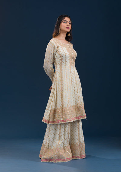 Cream Zariwork Semi Crepe Readymade Salwar Suit