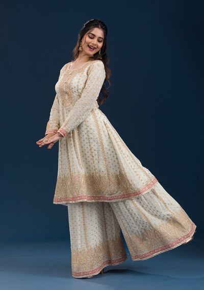 Cream Zariwork Semi Crepe Readymade Salwar Suit