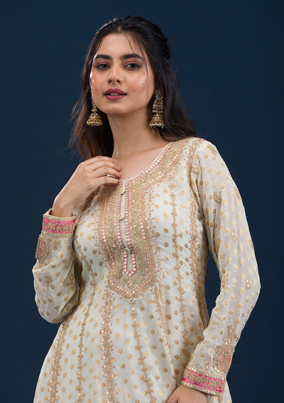 Cream Zariwork Semi Crepe Readymade Salwar Suit