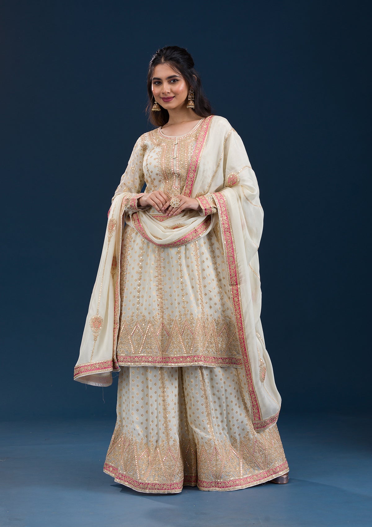 Cream Zariwork Semi Crepe Readymade Salwar Suit