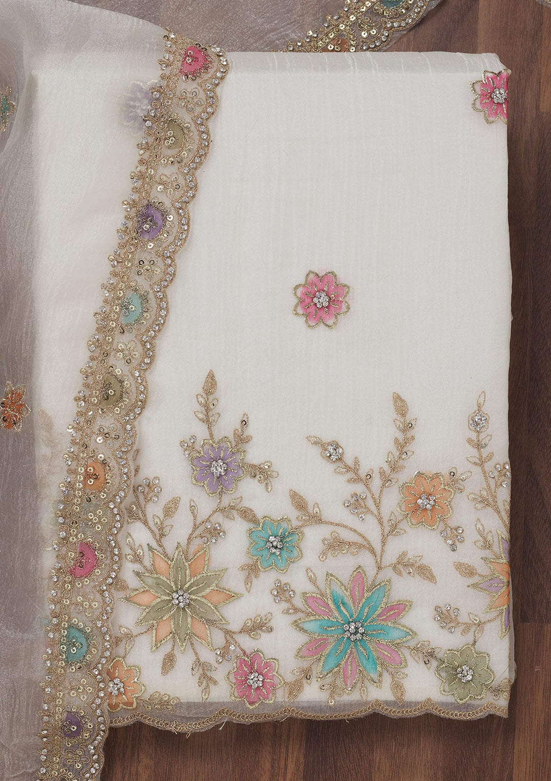 Cream Zariwork Semi Crepe Unstitched Salwar Suit-Koskii