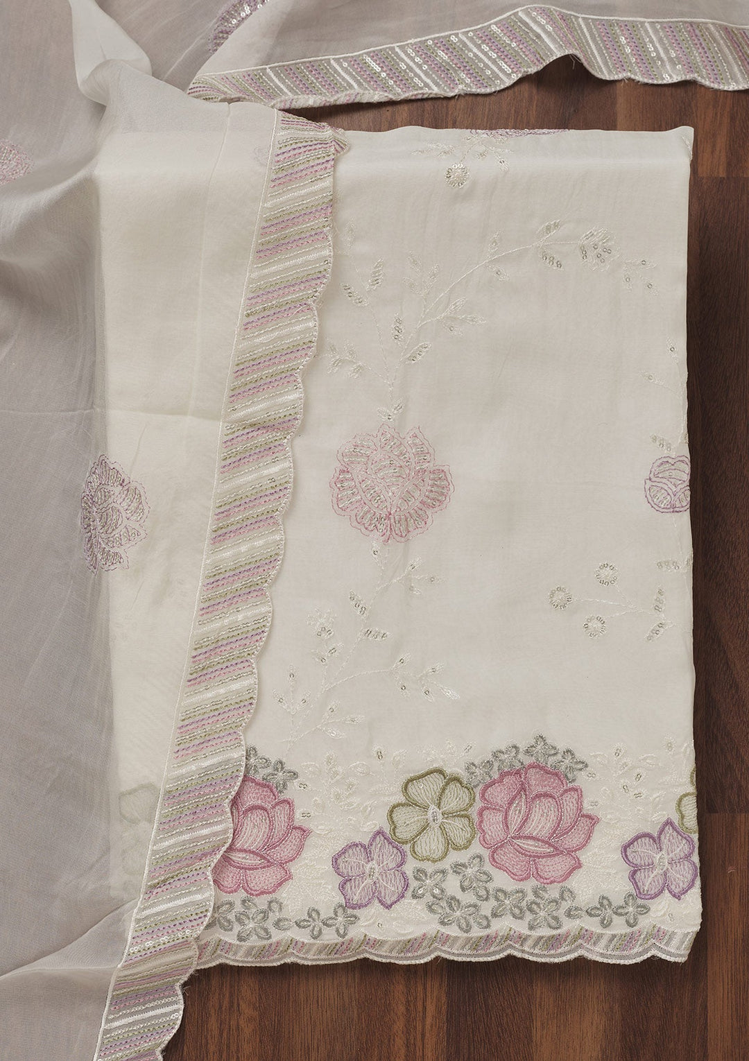 Cream Zariwork Semi Crepe Unstitched Salwar Suit-Koskii