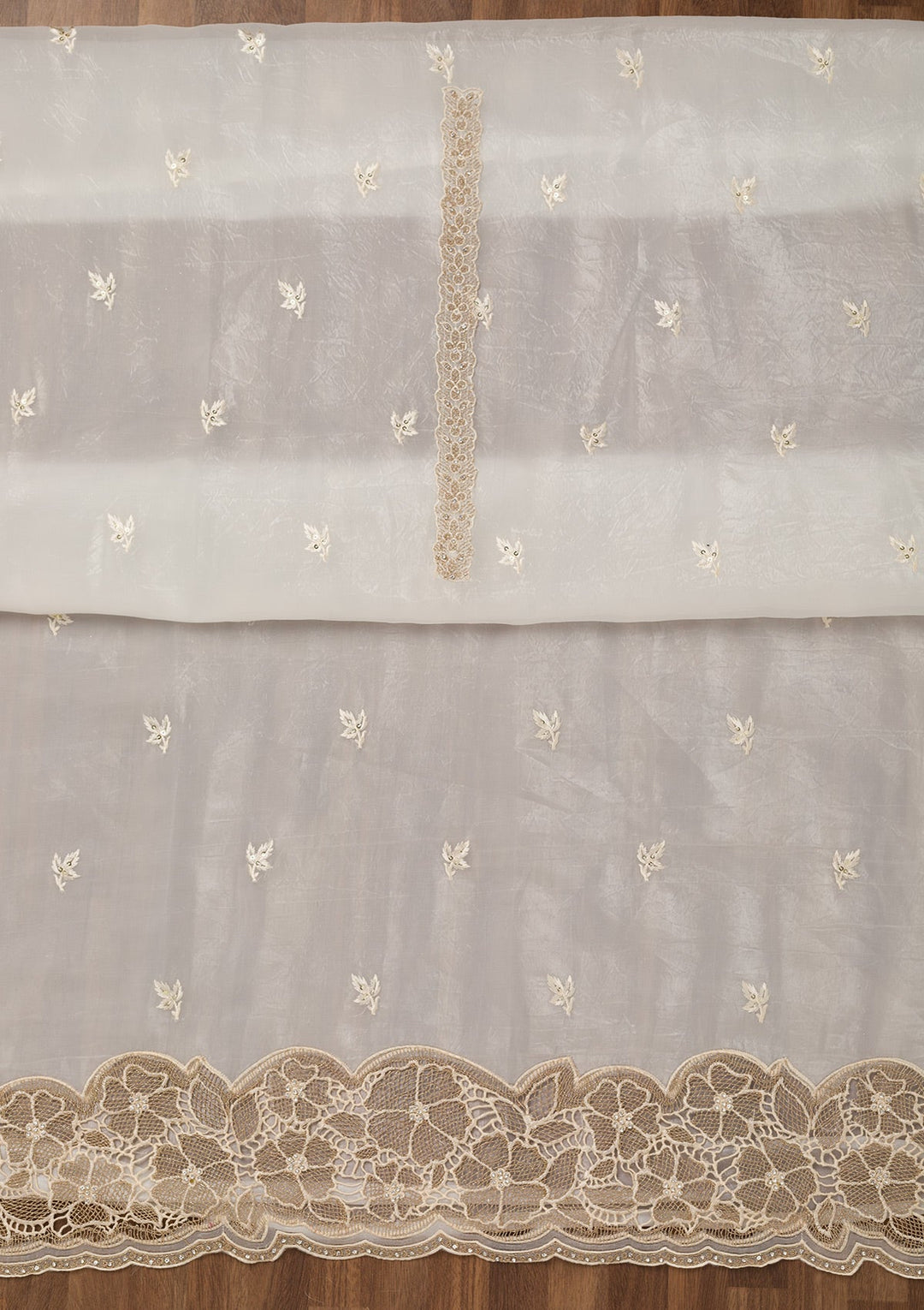 Cream Zariwork Semi Crepe Unstitched Salwar Suit-Koskii
