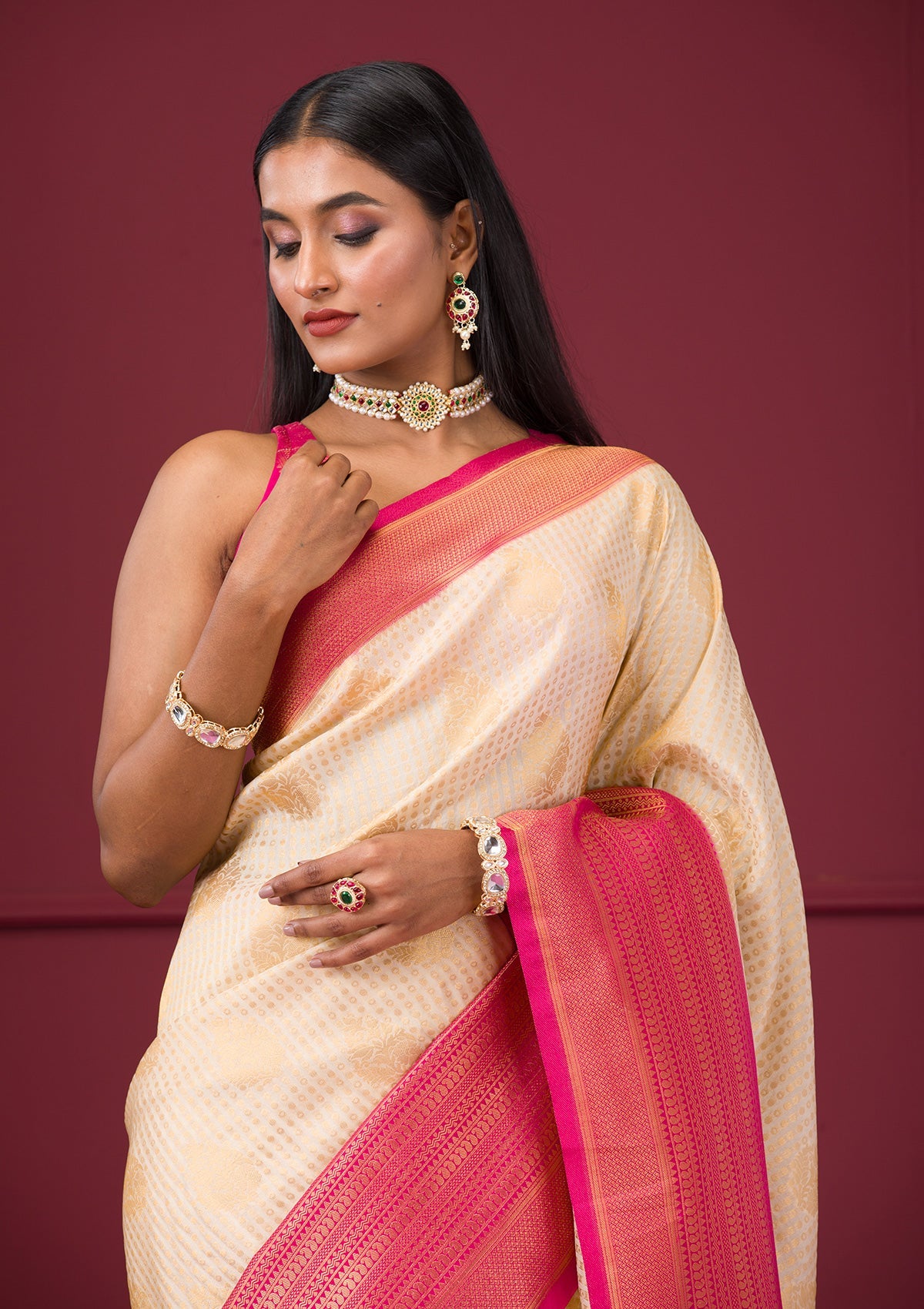 Cream Zariwork Soft Silk Saree-Koskii