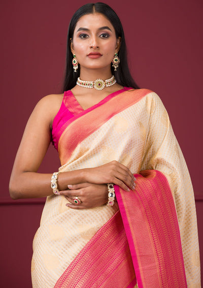 Cream Zariwork Soft Silk Saree-Koskii