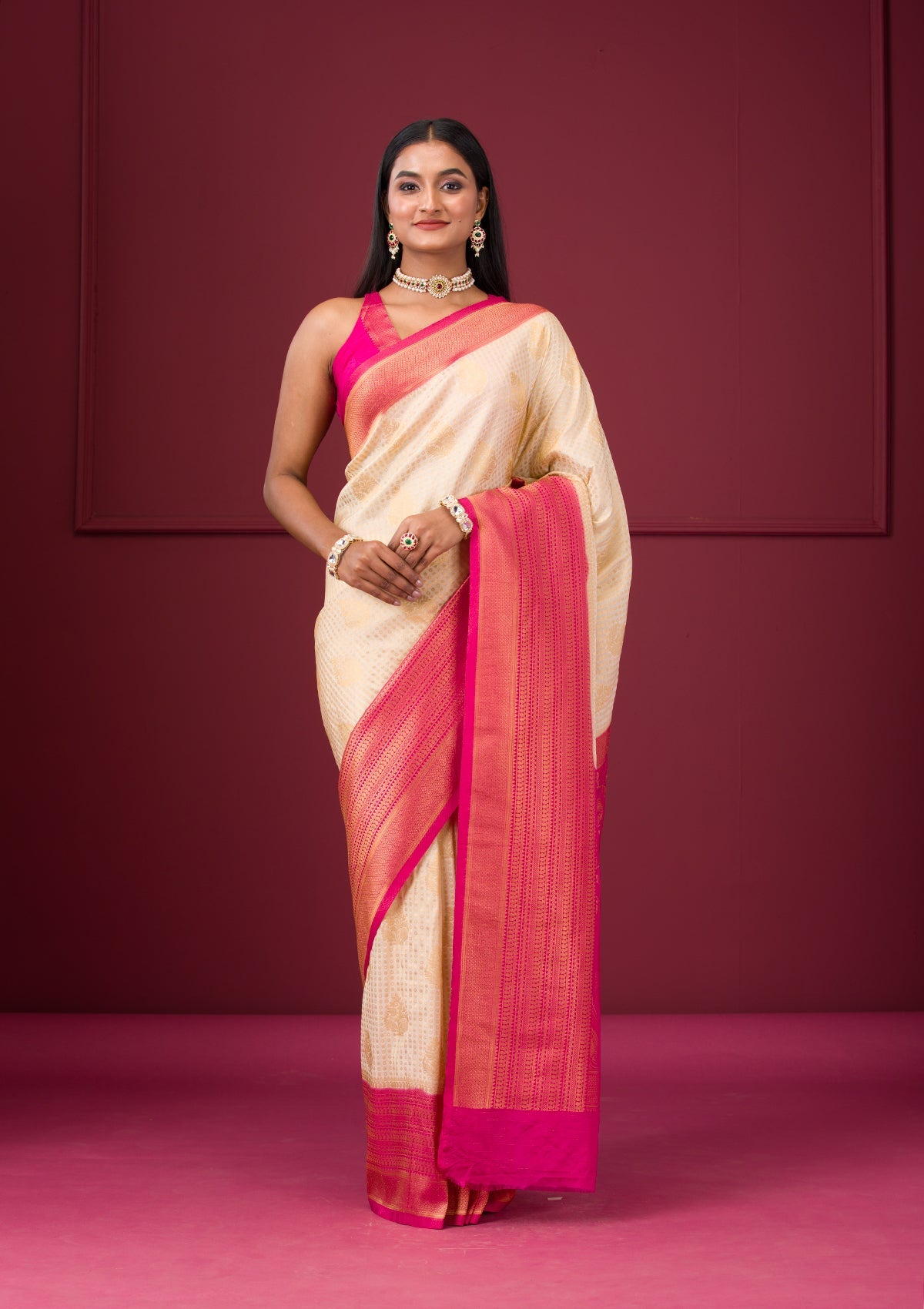 Cream Zariwork Soft Silk Saree-Koskii