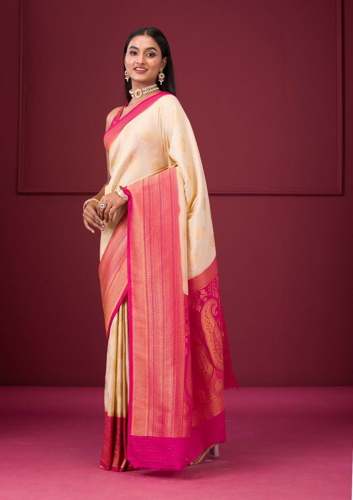 Cream Zariwork Soft Silk Saree-Koskii