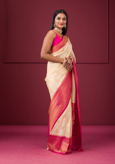 Cream Zariwork Soft Silk Saree-Koskii