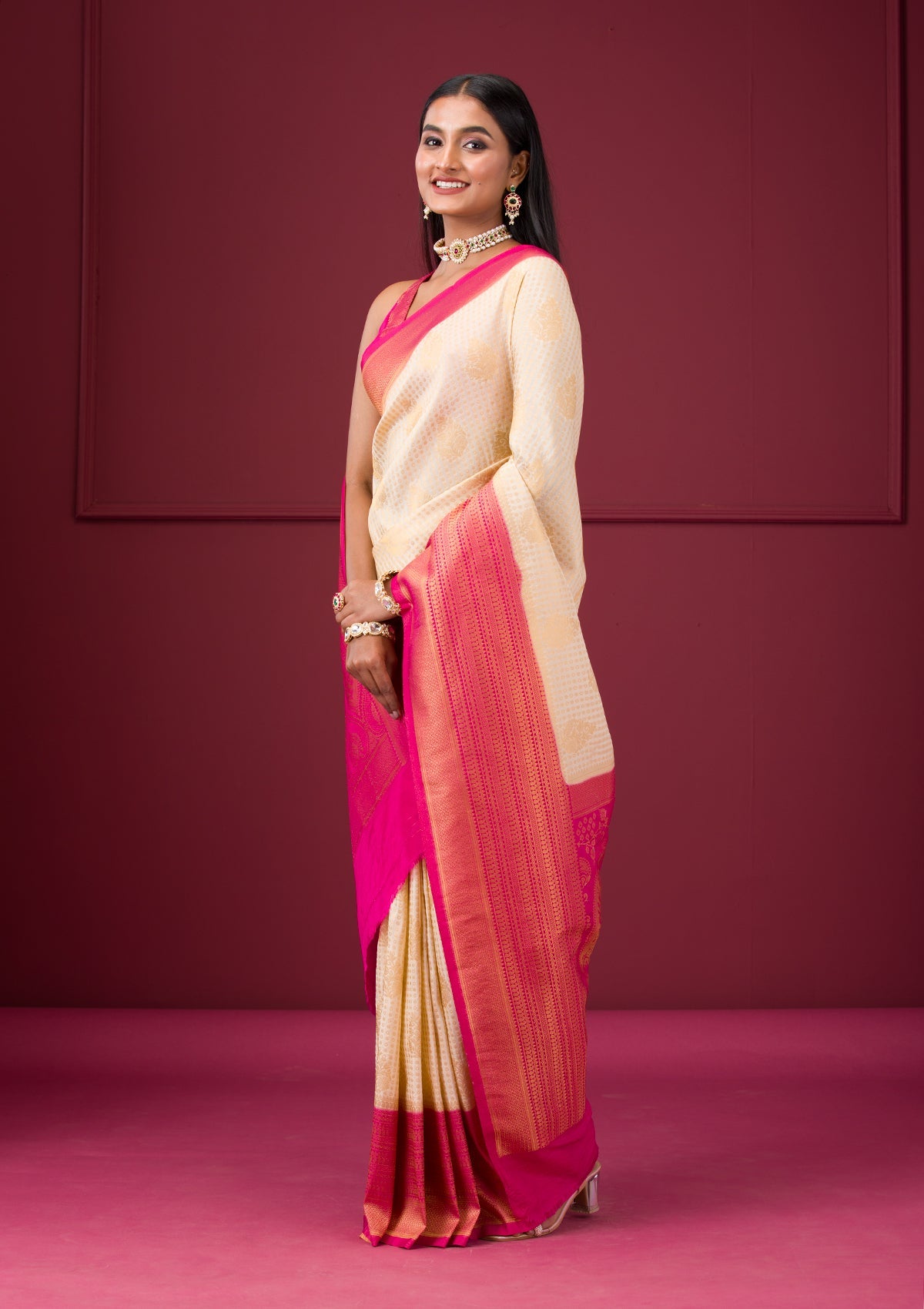 Cream Zariwork Soft Silk Saree-Koskii