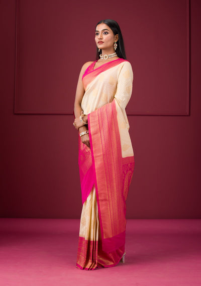 Cream Zariwork Soft Silk Saree-Koskii