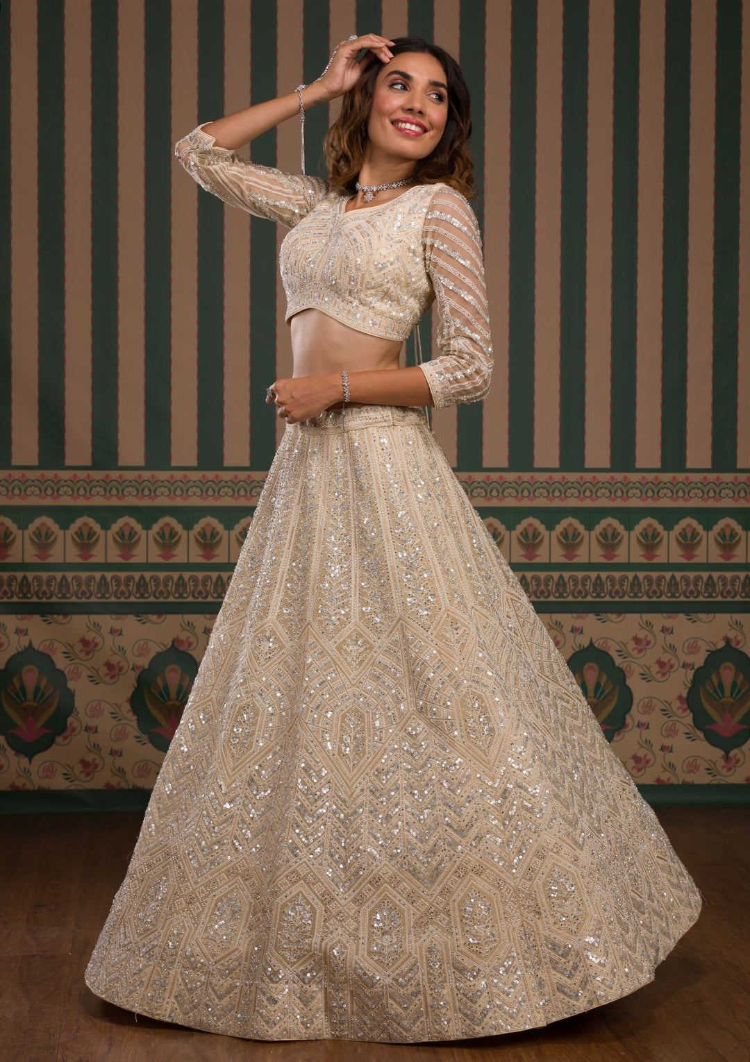 Cream Zariwork Tissue Readymade Lehenga