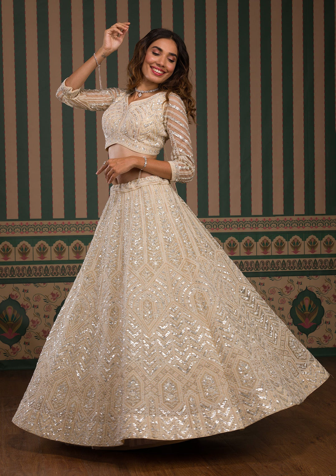 Cream Zariwork Tissue Readymade Lehenga