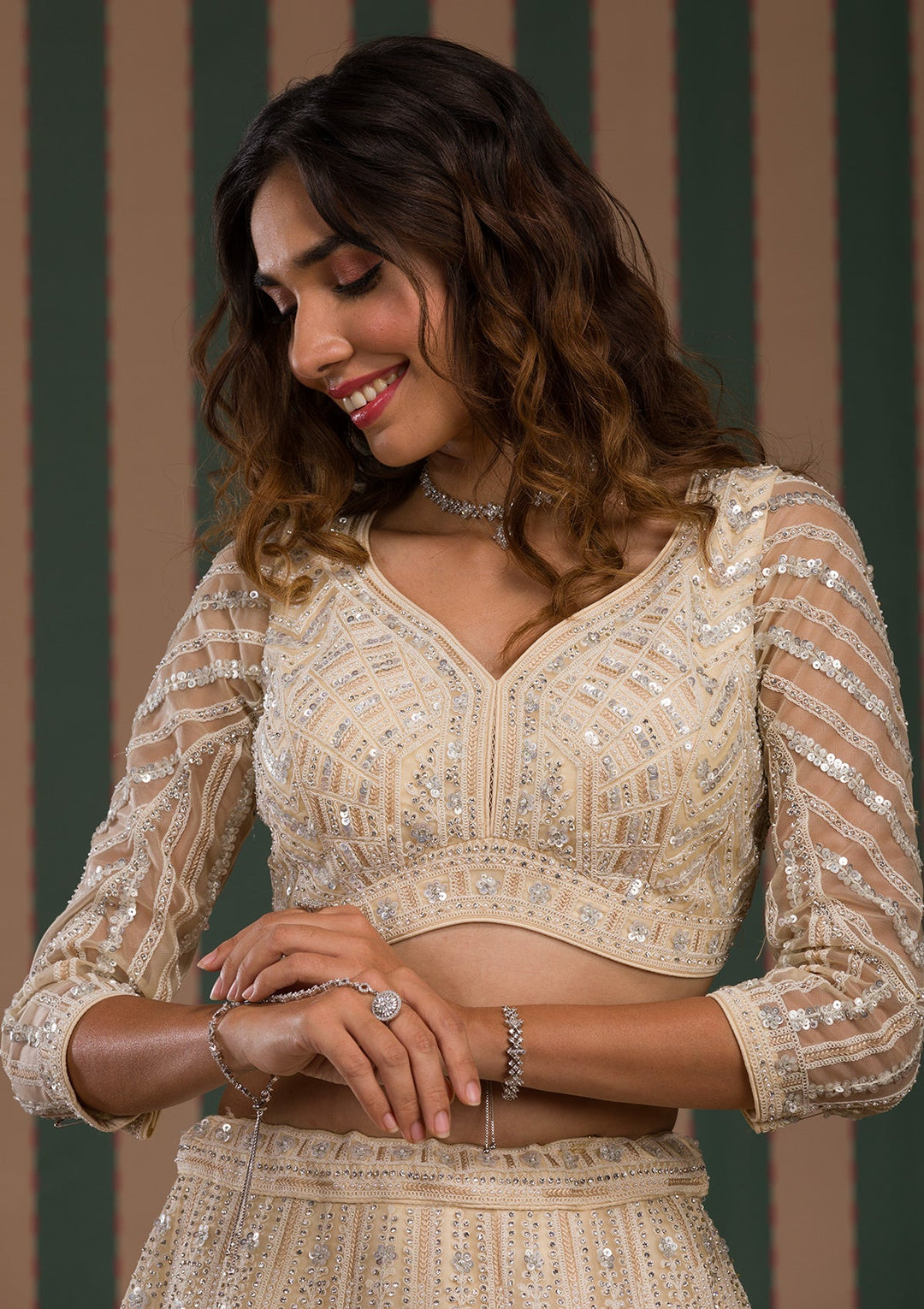 Cream Zariwork Tissue Readymade Lehenga