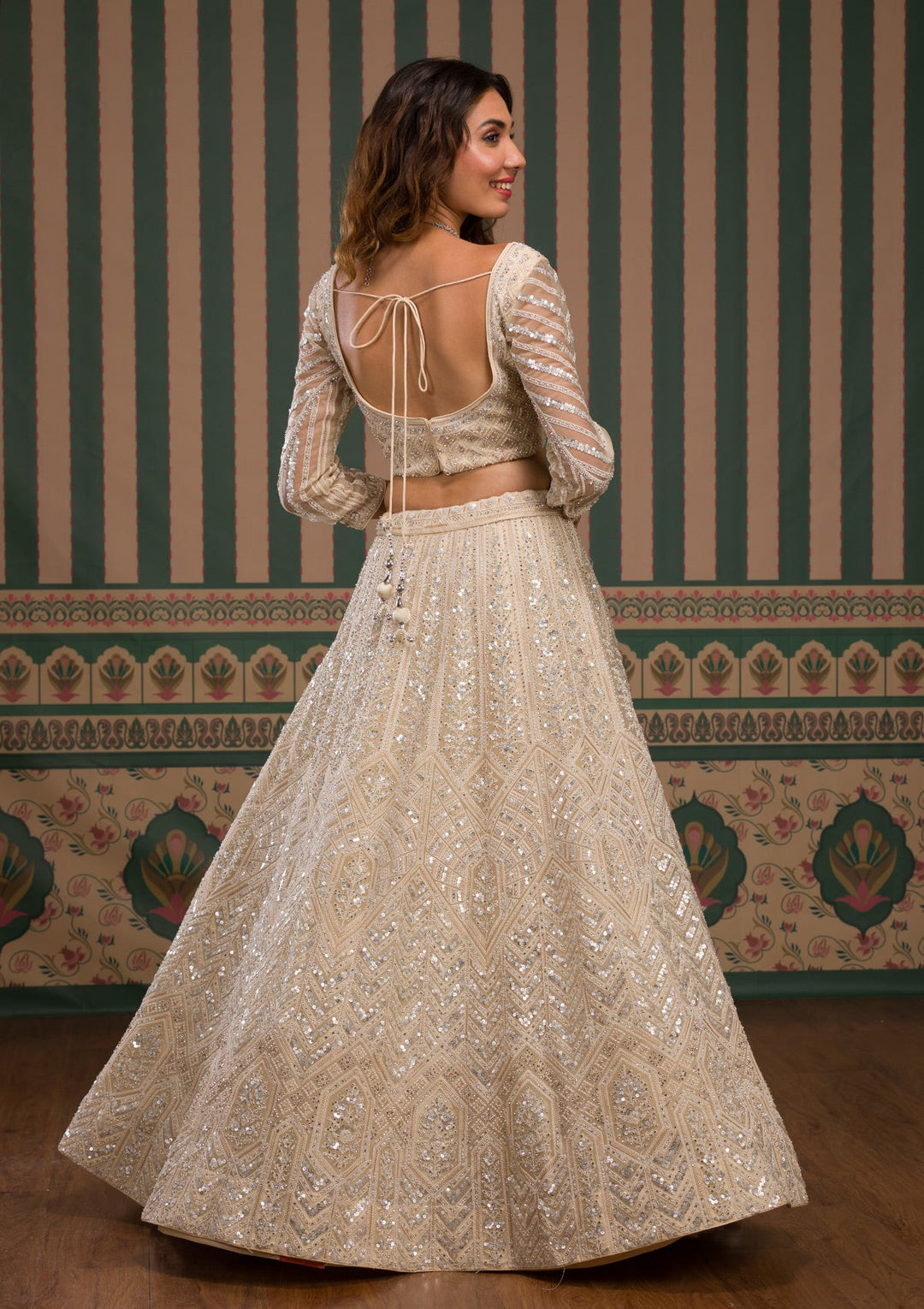 Cream Zariwork Tissue Readymade Lehenga