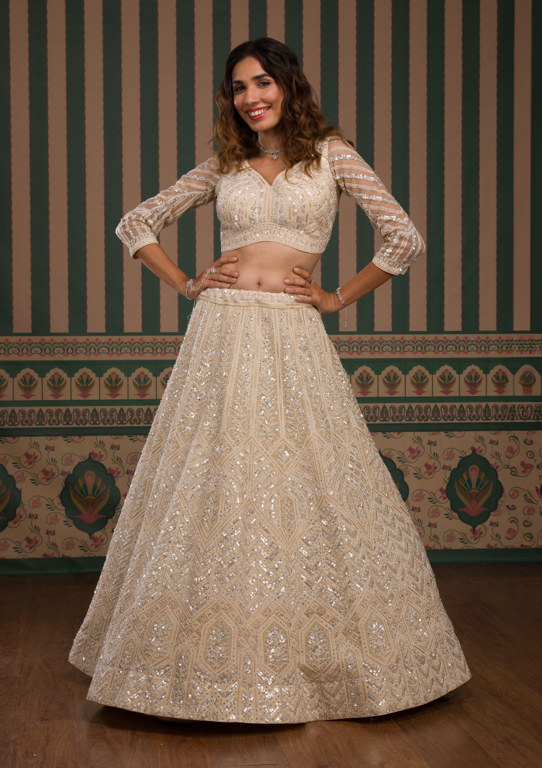 Cream Zariwork Tissue Readymade Lehenga