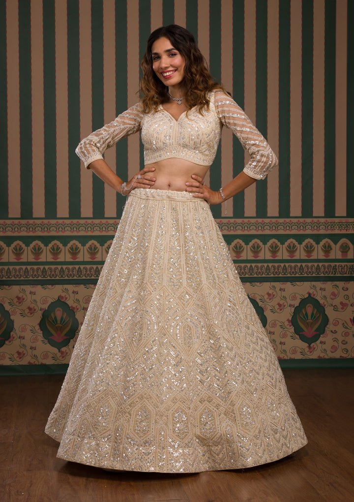 Cream Zariwork Tissue Readymade Lehenga