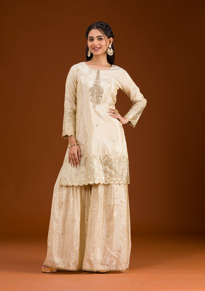 Cream Zariwork Tissue Readymade Salwar Suit