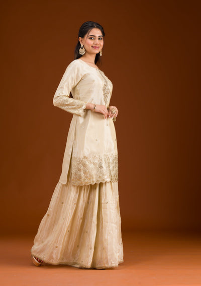 Cream Zariwork Tissue Readymade Salwar Suit