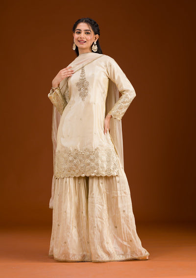 Cream Zariwork Tissue Readymade Salwar Suit