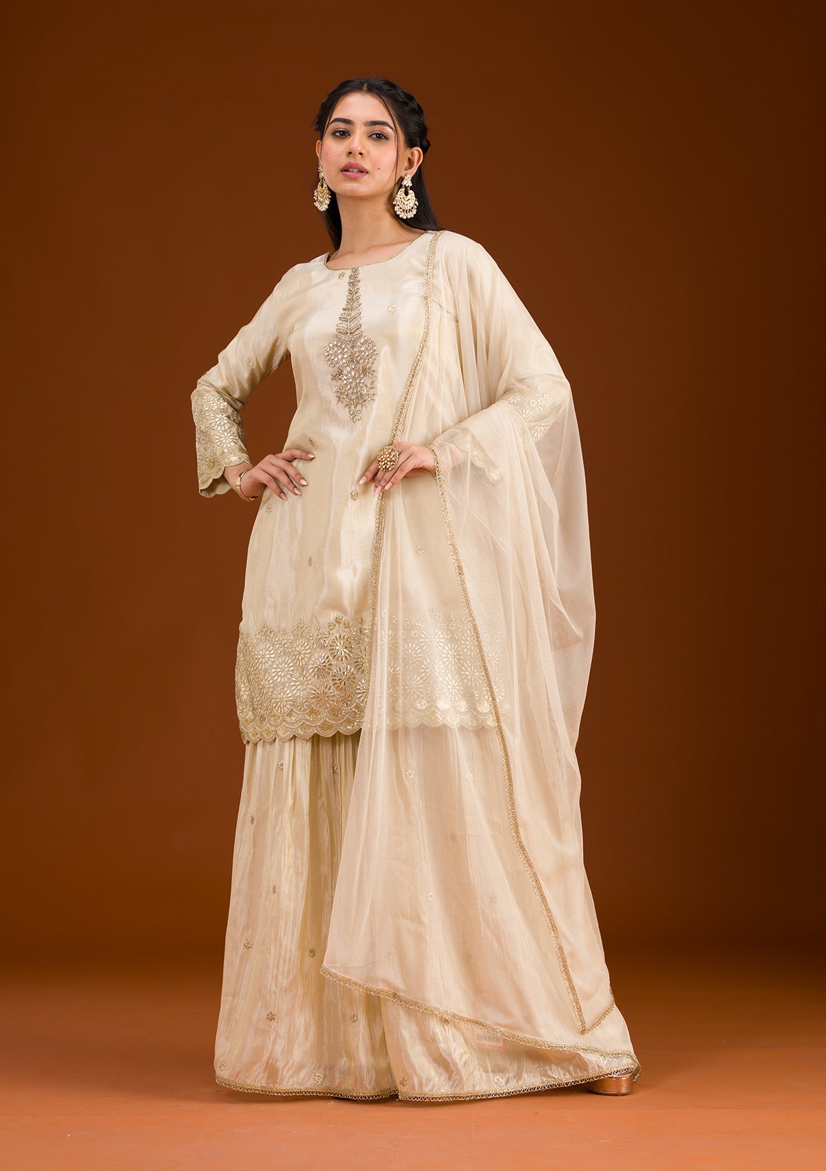 Cream Zariwork Tissue Readymade Salwar Suit-Koskii