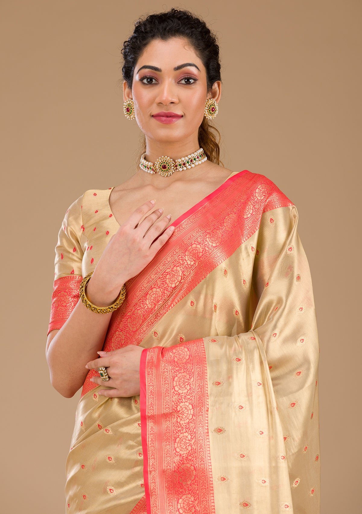 Cream Zariwork Tissue Saree