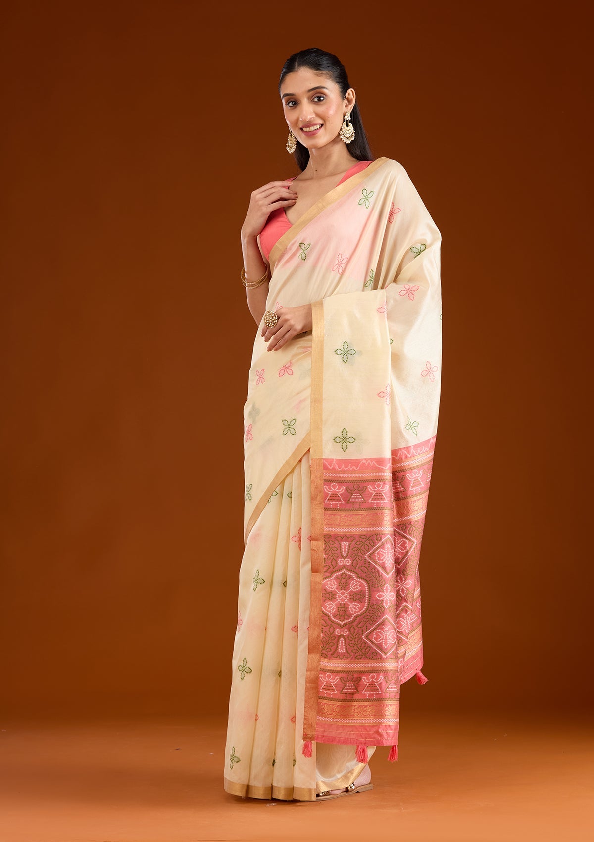 Cream Zariwork Tissue Saree-Koskii