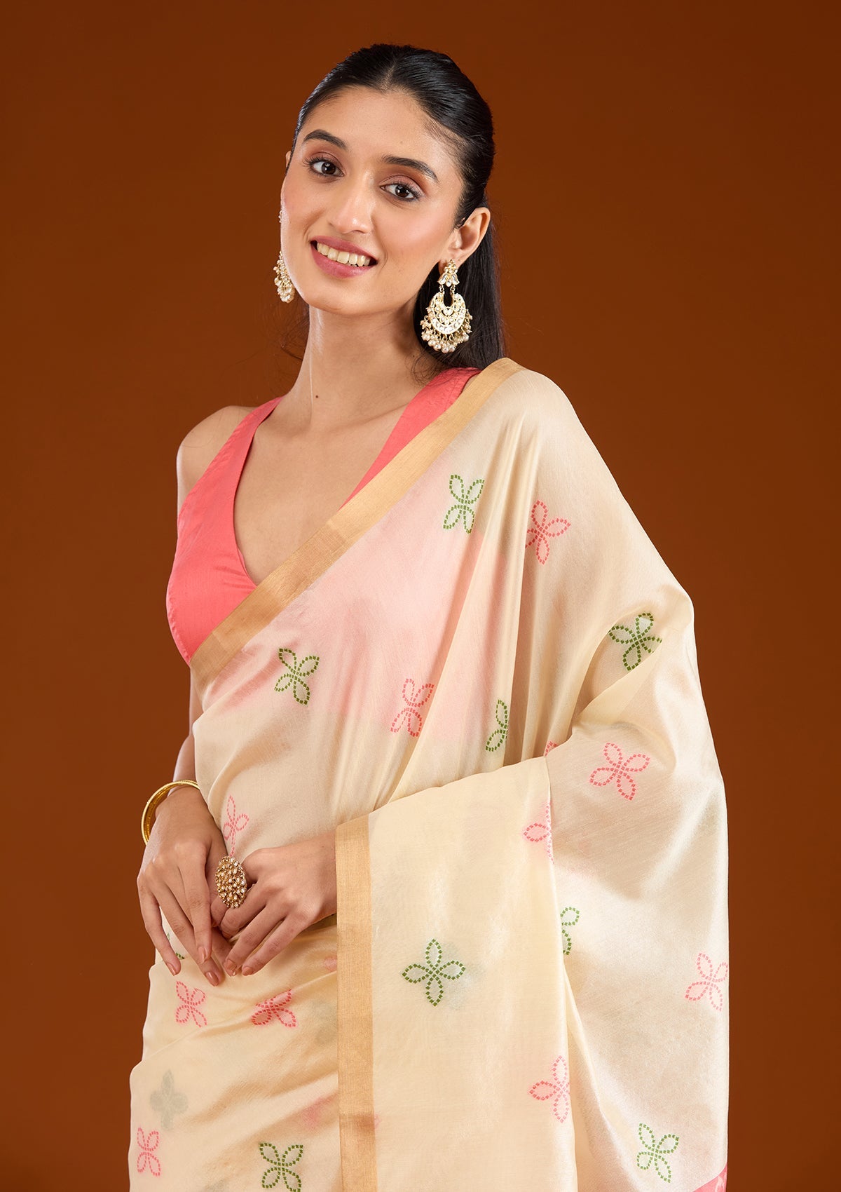 Cream Zariwork Tissue Saree-Koskii